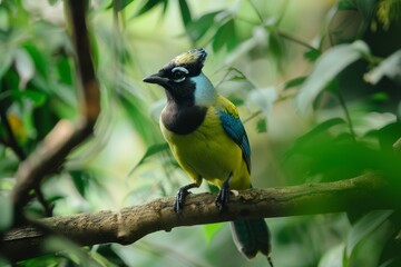 Fototapeta premium Green and Blue Jay Perched on a Branch
