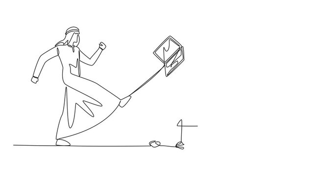 Self drawing animation of single one line drawing emotional Arabian businessman kicked the laptop into the trash. Angry at the unprofitable stock value. Haven't made a profit yet. Full length animated