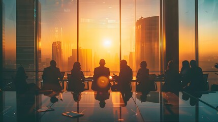 Silhouetted business meeting at sunset