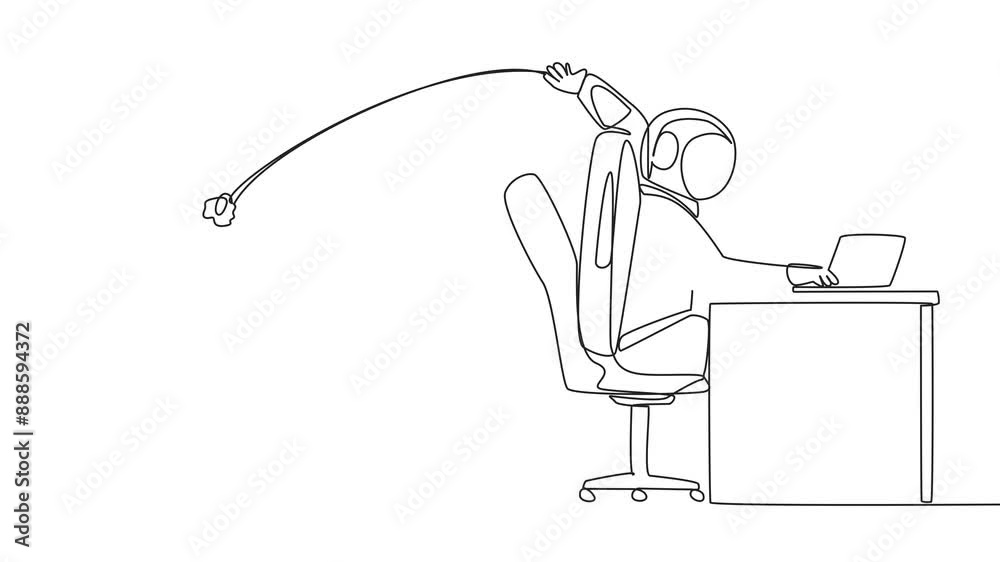 Poster self drawing animation of single continuous line drawing astronaut typing at a work desk throwing wa
