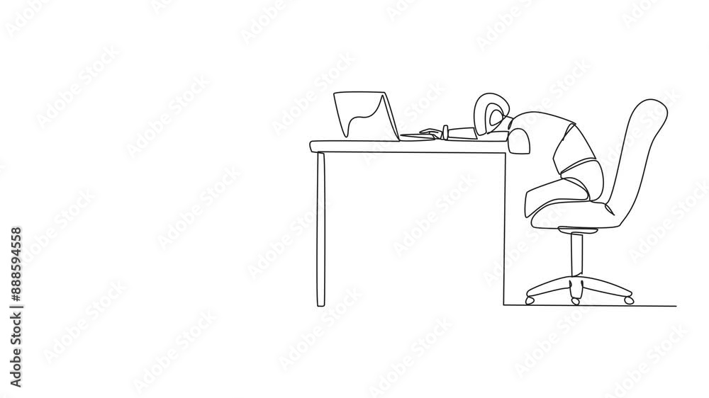 Poster animation of single continuous line drawing robot sitting in a work chair looking tired. want to pro