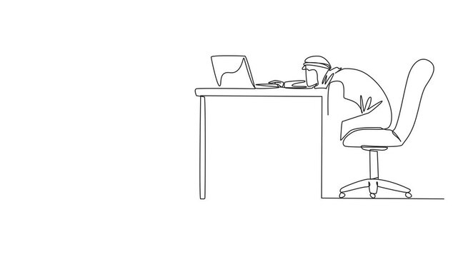 Self drawing animation of continuous one line drawing Arabian businessman sitting in work chair looking tired. Chasing lots of deadlines. Reports are wrong. Not focus on laptop. Full length animated