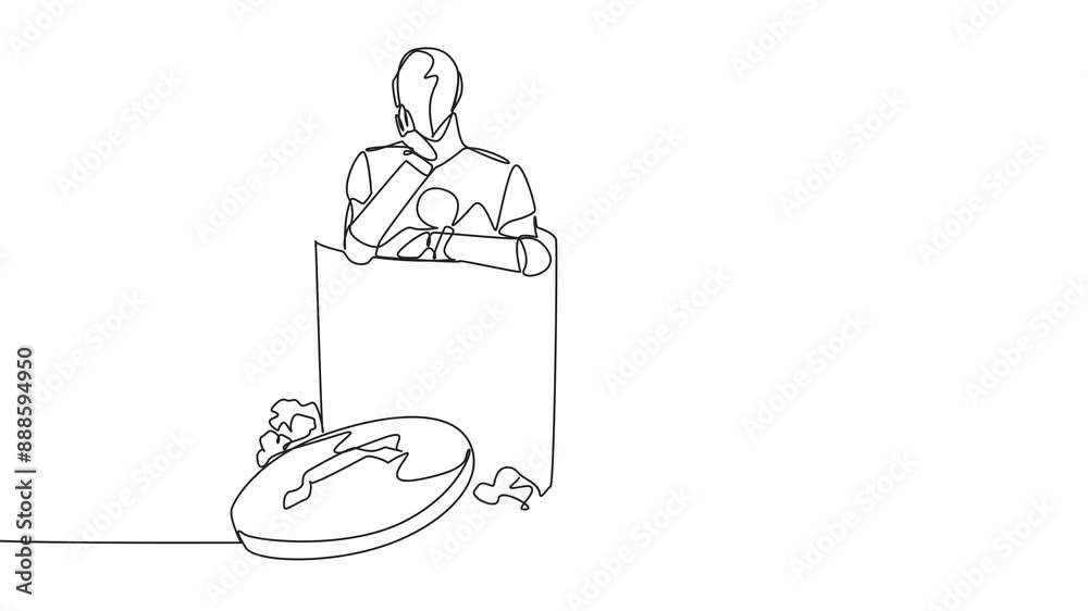 Poster self drawing animation of single one line drawing robot is in the trash. artificial intelligence is 