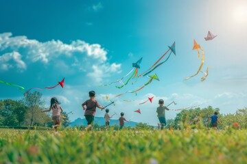 Joyful Children Playing Outdoors, Running and Flying Kites in Sunny Park, Happy Spring or Summer Day