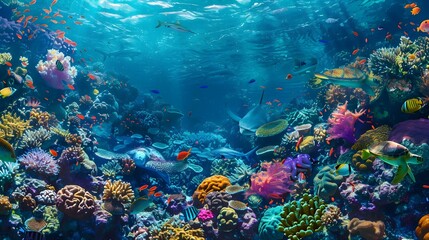 Vibrant and expansive underwater coral reef panorama