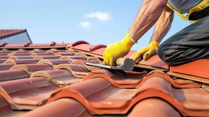 A roofer wearing yellow gloves is laying red roof tiles on the top of an outdoor building.