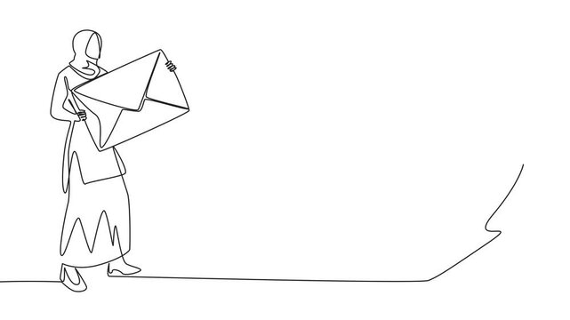 Animated self drawing continuous one line drawing Arab businesswoman throw the large envelope in trash. Delete digital data that is considered unimportant. Prone to data theft. Full length animation