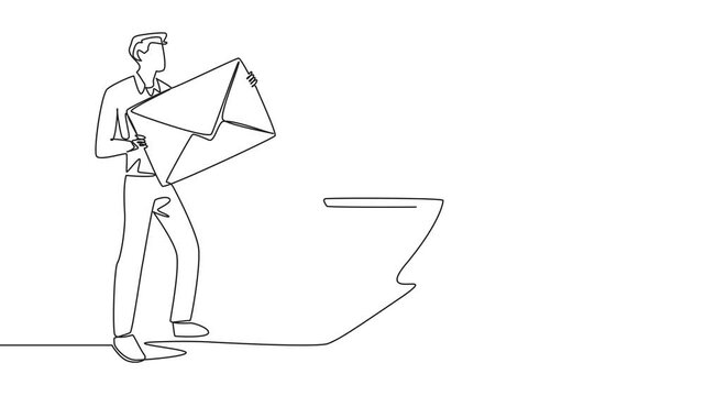 Animation of continuous one line drawing businessman throwing large envelope in the trash. Throw away many application letters that do not meet the requirements. Job seekers. Full length motion