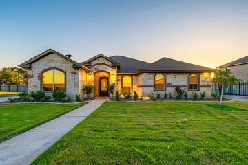 Obraz premium A large house with a green lawn and a white picket fence.