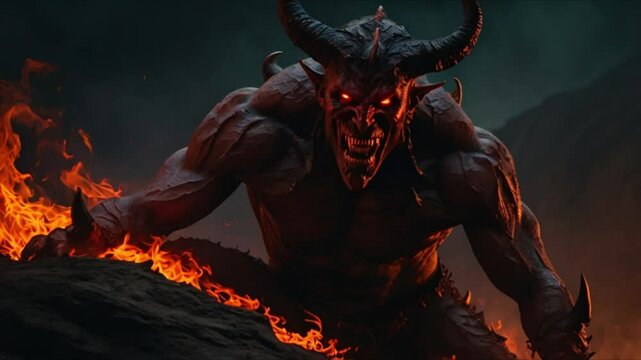A devilish figure, shrouded in shadows and engulfed in flames, stands menacingly at the edge of a cliff overlooking a desolate landscape. With sharp horns and glowing red eyes