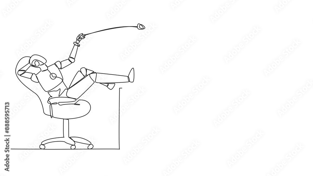 Poster animated self drawing of single one line drawing robot sitting in chair throwing wads paper into the