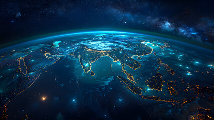 Obraz premium Stunning view of Earth from space at night, showcasing illuminated cities and a backdrop of the starry galaxy.