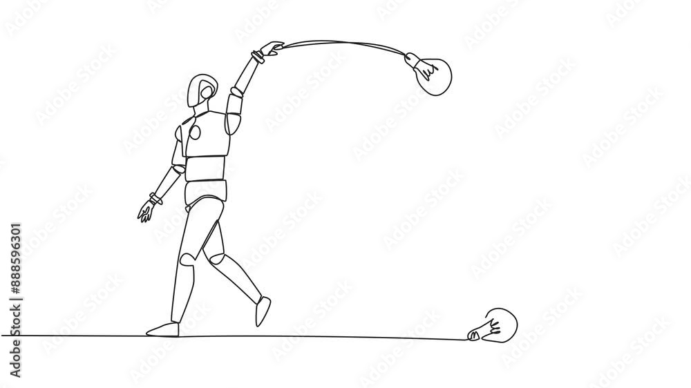 Poster animation of single continuous line drawing robot walking throwing light bulbs into the trash can. n