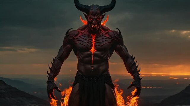 A devilish figure, shrouded in shadows and engulfed in flames, stands menacingly at the edge of a cliff overlooking a desolate landscape. With sharp horns and glowing red eyes