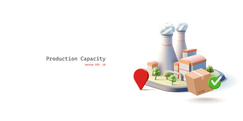 3D factory building, production, box, navigation icon. For business concepts, production of goods, industrial capacities. Vector