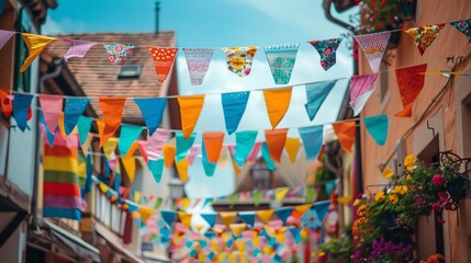 Naklejka premium Colorful peace flags hanging across a street durin 039 birthday, party, gift, colorful, color, fun, art, toy, paper, celebration, decoration, box, holiday, design, toys, table, child, cake