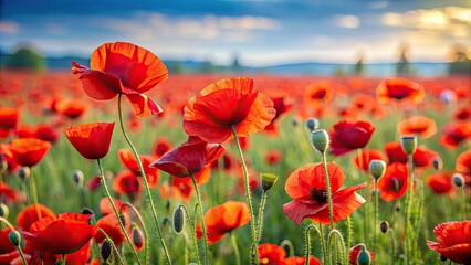 Obraz premium Vibrant red poppy flowers in a field, Poppy, Red, Flowers, Field, Blooming, Bright, Petals, Nature, Plant, Garden