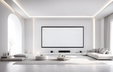minimalistic interior design, Living room, home theater, huge projection screen, white decoration style, bright environment, side view, minimalist style, ultra-realistic