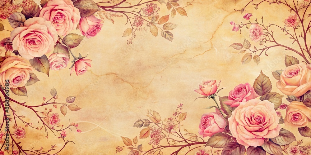 Poster Elegant vintage floral wallpaper featuring textured pink roses and delicate branches, vintage, floral, wallpaper, textured