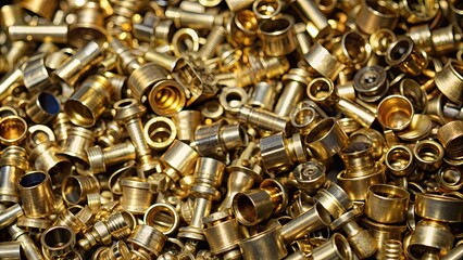 Close-up of brass materials scrap from turning process , brass, scrap, metal, industrial, manufacturing, close-up