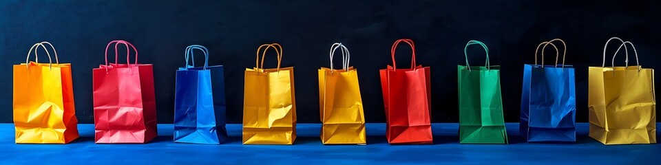 Shopping bags in bright colors lined up on dark blue backdrop, ample space for text or design, high-resolution photo.