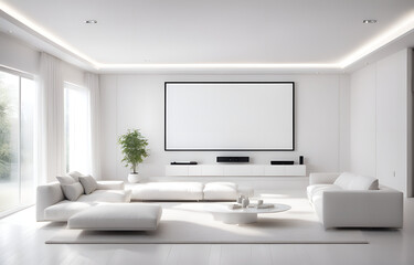 minimalistic interior design, Living room, home theater, huge projection screen, white decoration style, bright environment, side view, minimalist style, ultra-realistic