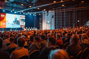 Rear View of Audience in a Conference Hall or Seminar Watching Video Presentations on a Large Display, Illustrating Business Education Concepts