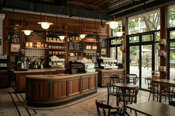 Cozy Wooden Vintage Style Cafe Interior with Antique Wood Counters and Coffee Machines Creating a Relaxed Atmosphere