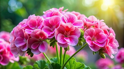 Fototapeta premium Pink geranium flowers in full bloom creating a beautiful bouquet , geranium, pink, flowers, bloom, bouquet, spring, garden