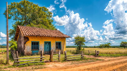Obraz premium Papel de parede de uma paisagem do sertão nordestino brasileiro, com casa pobre em meio a uma paisagem seca, evocando a beleza austera e a vida simples dessa região