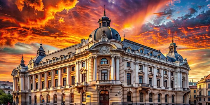 Majestic sunset over historic Bucharest building on Calea Victoriei with fiery skies and illuminated windows