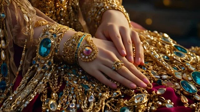 In the tangled chaos of a princess' hair, golden strands intertwine with glimmering jewels, symbolizing a life of luxury and entanglement.