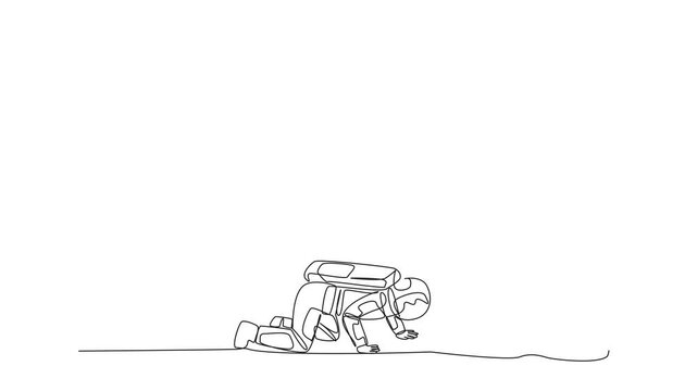 Animation of single continuous line drawing young astronaut kneels and licks giant foot. The attitude of begging desperately to be granted permission for a space expedition. Full length motion