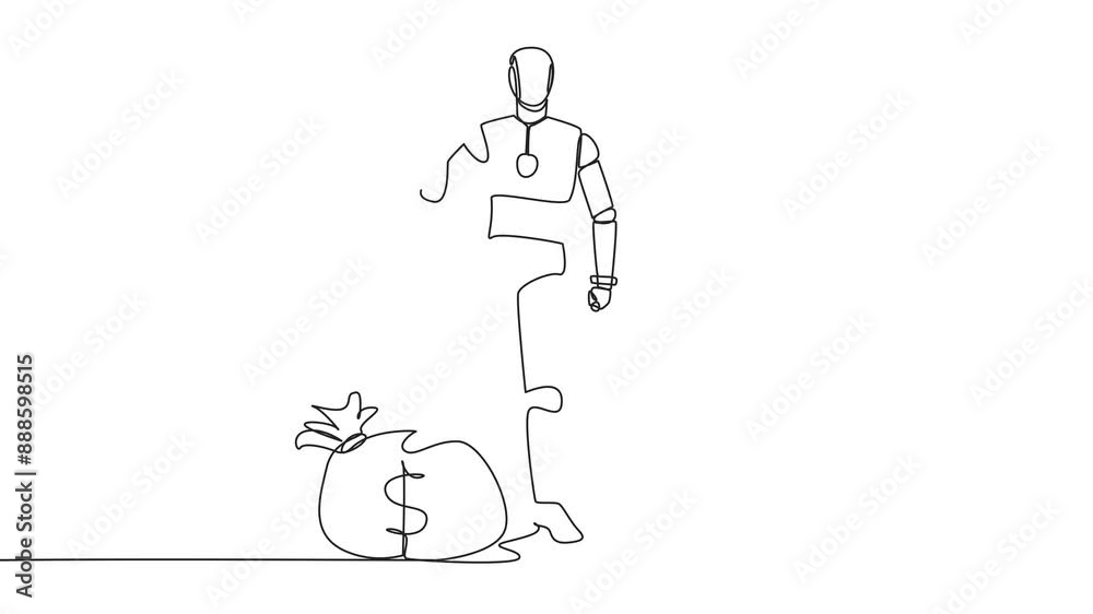 Poster animated self drawing of single continuous line drawing smart robot stands with thumbs up pose and s