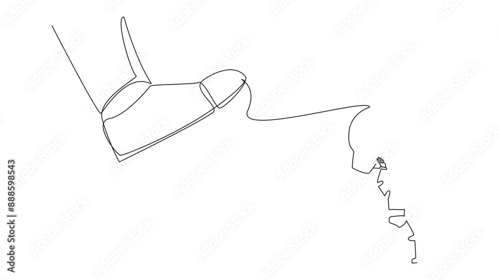 Poster animation of continuous one line drawing smart robot carrying piggy bank runaway from giant foot. fa