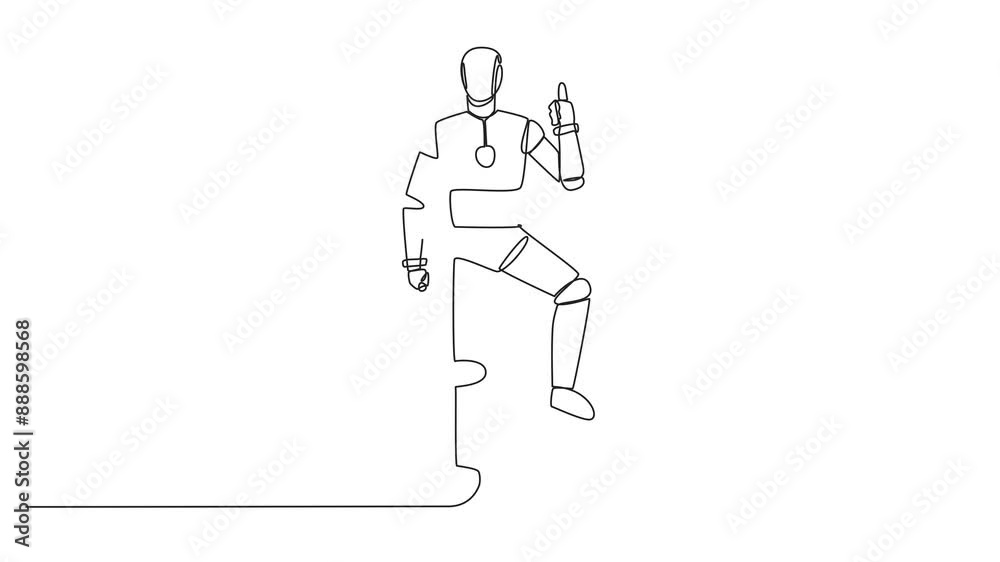 Poster animation of continuous one line drawing robot stands with thumbs up pose and steps on piggy bank wi