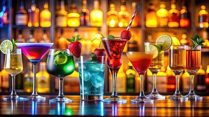 Colorful cocktails on bar counter, rendering, cocktails, bar, counter, alcohol, drinks, party, colorful, vibrant