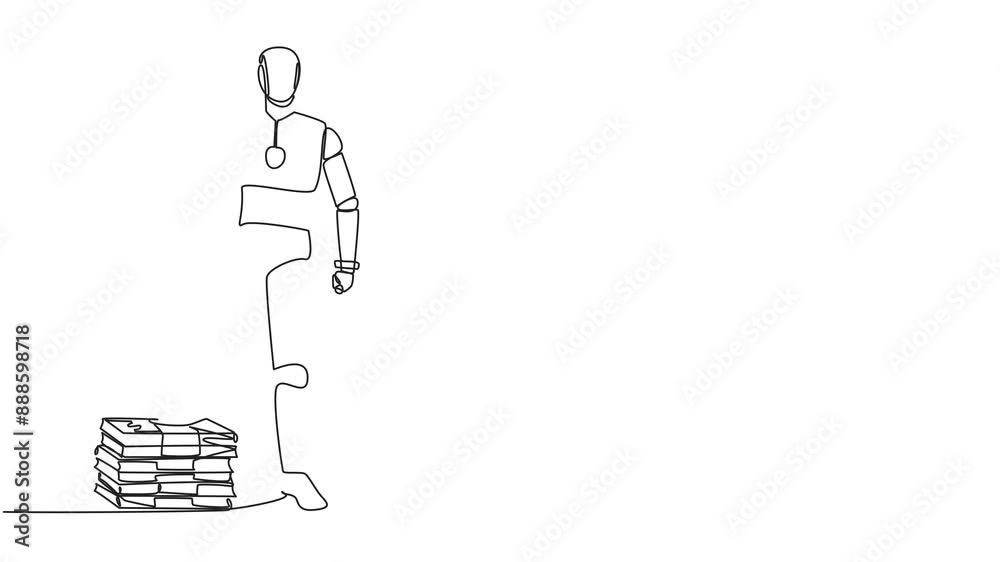 Poster animated self drawing of single continuous line drawing robot stands with thumbs up pose and steps o