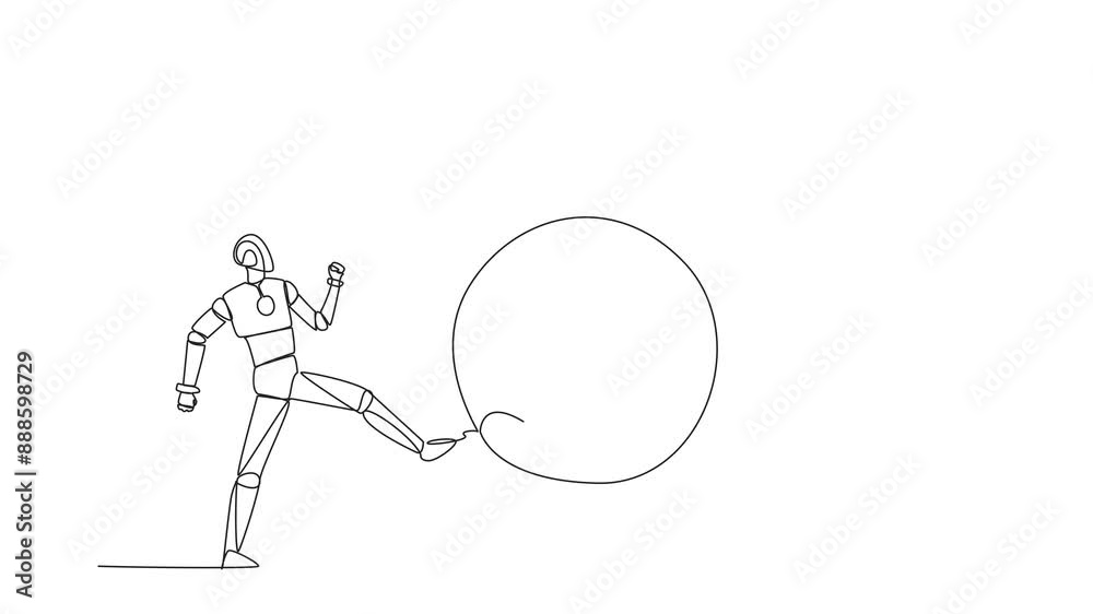 Poster self drawing animation of single continuous line drawing robot kicking the big coin with a dollar sy