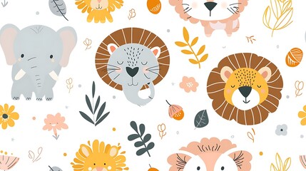 Seamless pattern with cute hand drawn animals and floral elements