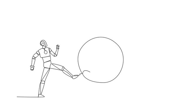 Self drawing animation of single continuous line drawing robot kicking the big coin with a dollar symbol. Errors in providing artificial intelligence programs. Future tech. Full length animated