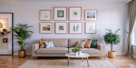 Frame mockup in bright living room with five frames gallery wall, render, frame