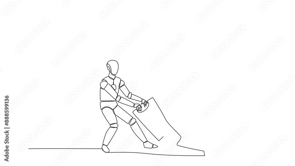 Poster animated self drawing of continuous one line drawing smart robot pulling banknotes that were stepped