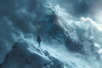 A mountaineer wearing thick clothing and carrying a backpack climbs a difficult mountain near the top of a high snowy mountain with strong winds blowing in a bitter snowstorm.