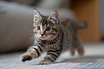 A cute pet kitten with black stripes is running around in the living room.