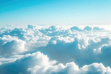 Naklejka premium Flying over heavenly beautiful cloudscape. Picturesque panorama of dense fluffy clouds softly lit by the sun