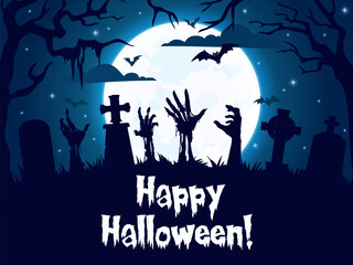 Halloween zombie hands silhouettes on cemetery. Vector banner with night graveyard and sticking arms on full moon background with tombs, scary bats, and creepy trees. Cartoon spooky greeting card