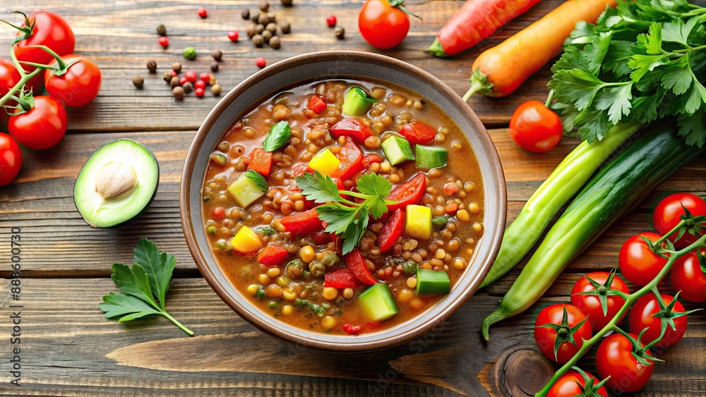 Canvas Prints Hearty lentil soup with celery, red bell peppers, zucchini, and tomatoes , Healthy, nutritious, vegetarian, soup