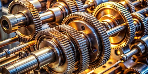 Intricate machinery with metallic textures and gear shaft, machinery, intricate, gear shaft