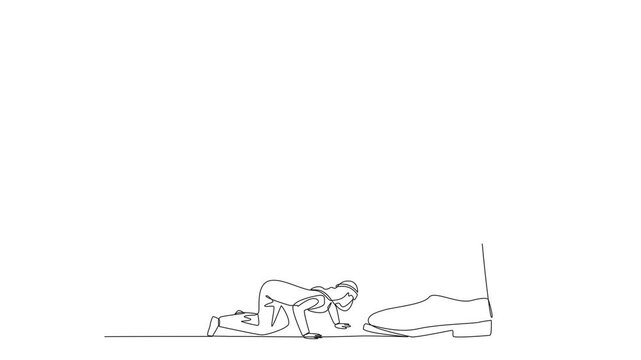 Animation of continuous one line drawing Arabian businessman kneels and licks giant foot. Begging to the investors to disburse reserve funds. Avoid bankruptcy. Struggle. Full length motion